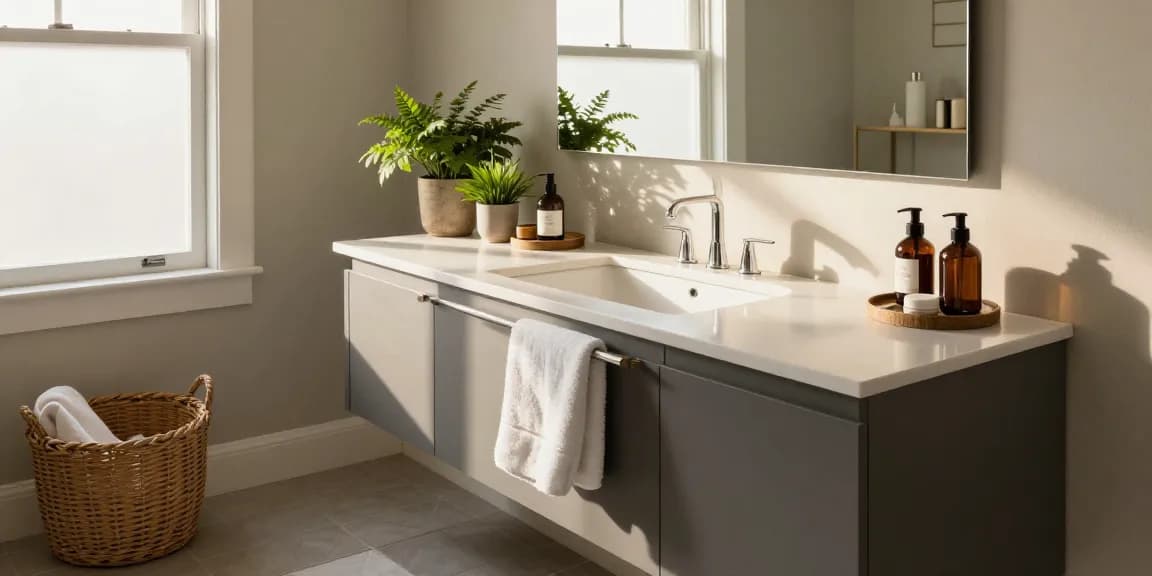 Stylish bathroom vanity with modern elements and decor, bright inviting atmosphere.