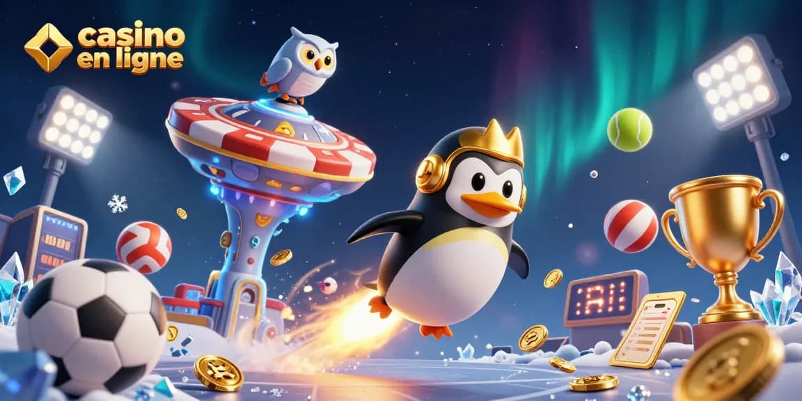 Des paris en ligne excitants au casino en ligne avec un pingouin doré propulsé par une fusée.