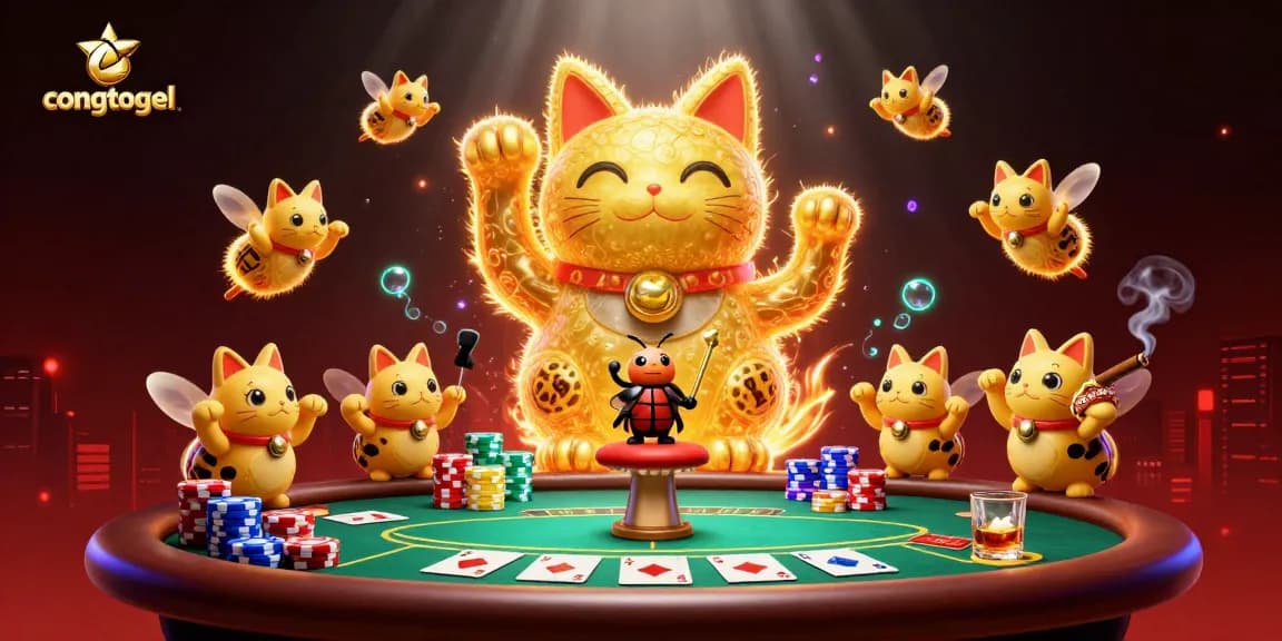 Enjoy a congtogel experience with a vibrant 3D casino scene featuring a lucky cat and poker elements.