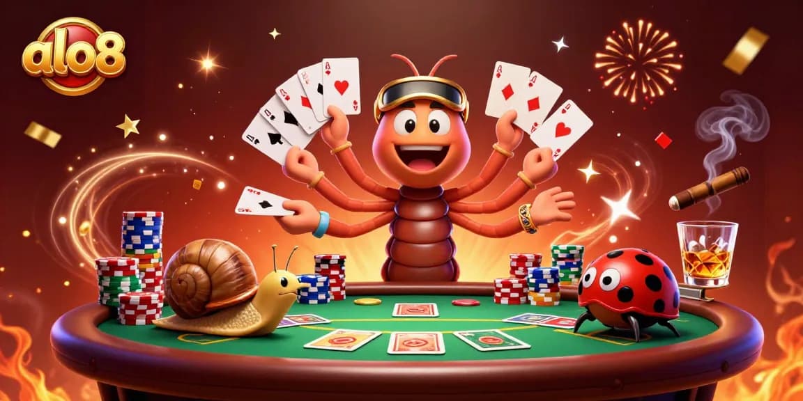 Alo8 features a vibrant and festive online casino scene with a millipede dealer and high-roller snail pushing chips, engaging in lively gameplay.
