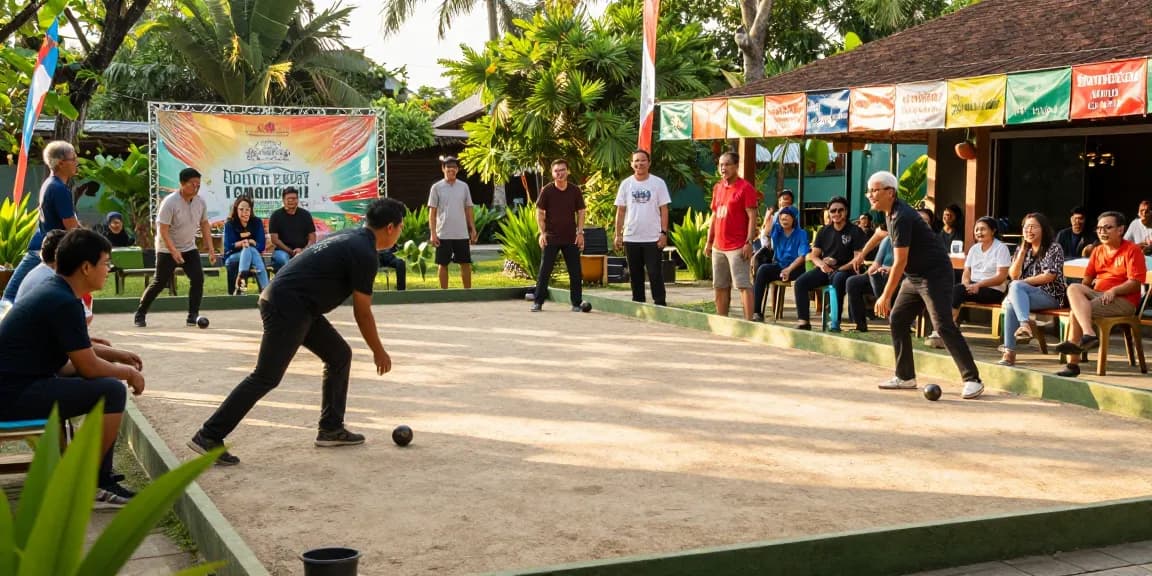 Aktivitas olahraga petanque di fopikotapalu.org, suasana ceria dengan pemain menikmati permainan di lapangan luar ruangan.