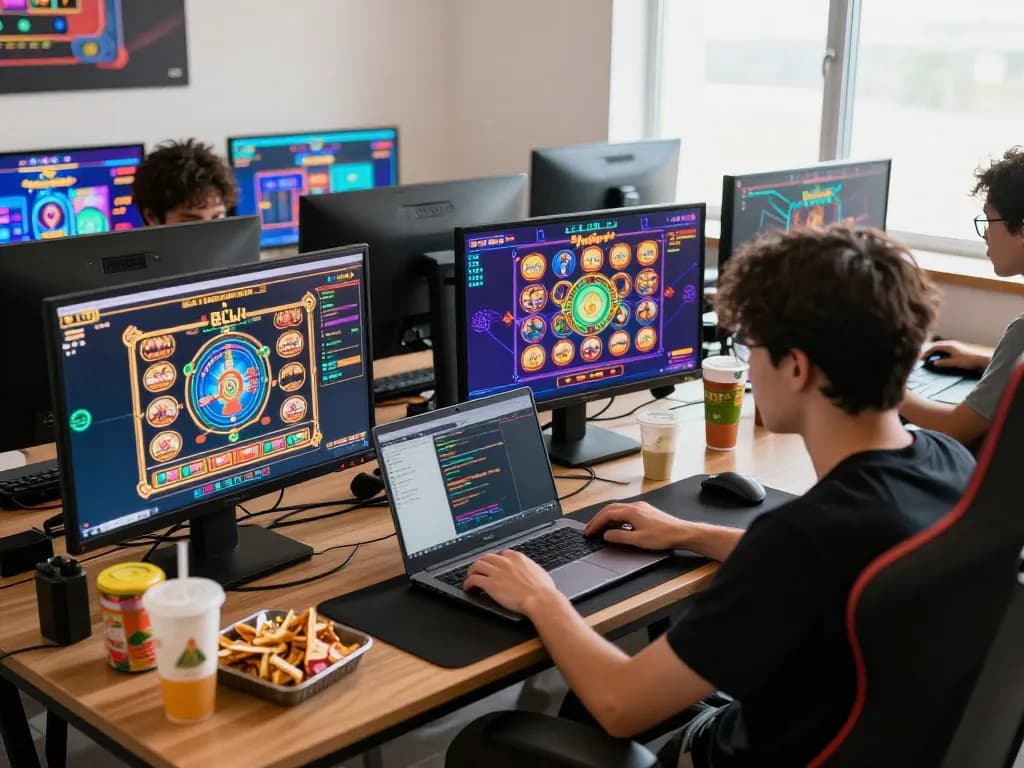 Player enjoying thrilling online gaming experience at RR88 with multiple screens and snacks nearby