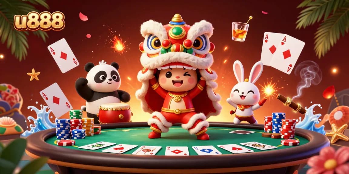 Celebrate wins with u888's vibrant lion dance scene filled with poker excitement and festive energy.