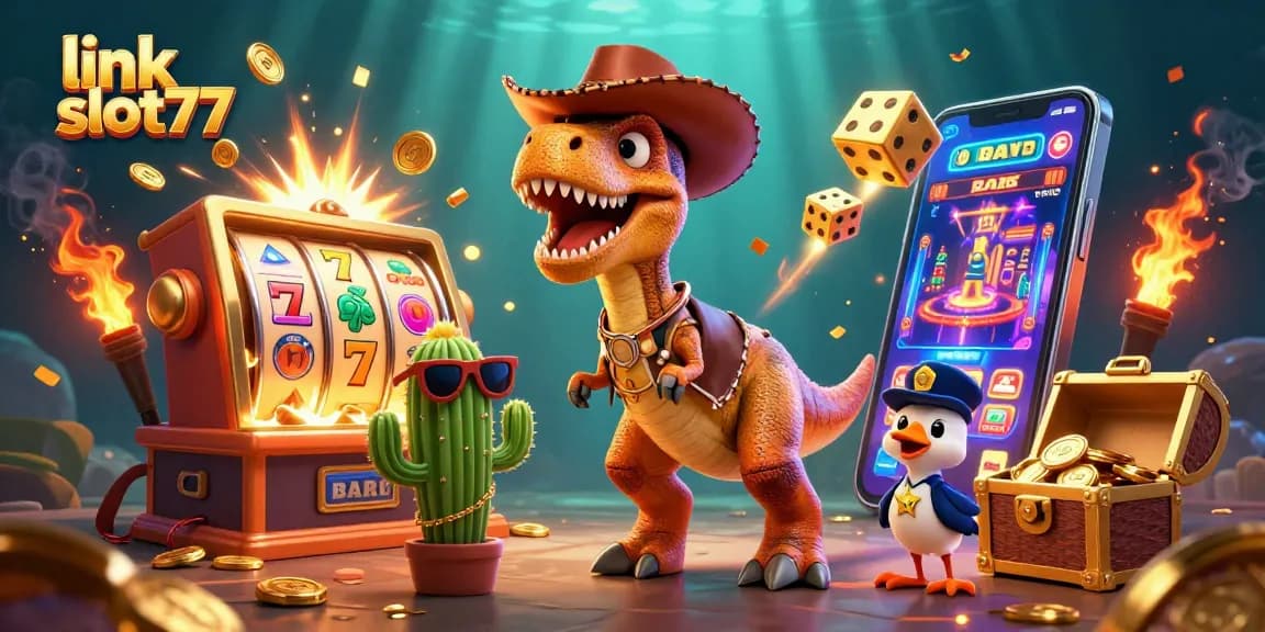Spin to win at link slot77 with a dynamic 3D casino scene filled with vibrant characters and jackpot elements.