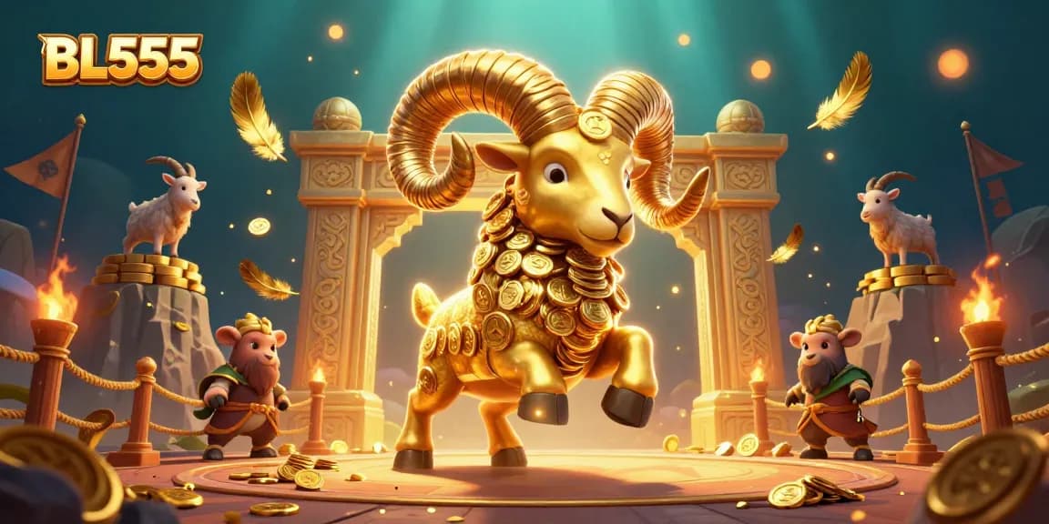 Experience thrilling gaming action at BL555 with a dynamic scene featuring a golden ram and festive casino atmosphere.