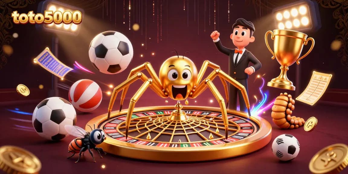 Engage in thrilling bets at toto5000 with a golden spider and centipede croupier spinning a roulette web.