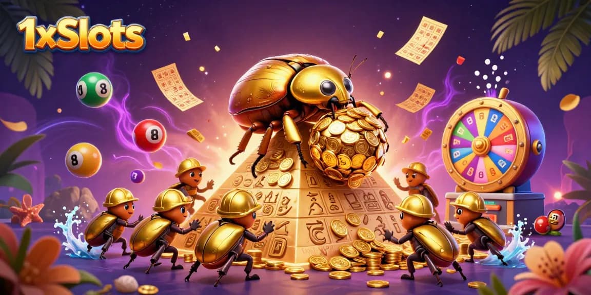 Win exciting rewards at 1xSlots with vibrant lottery elements and golden prizes all around.