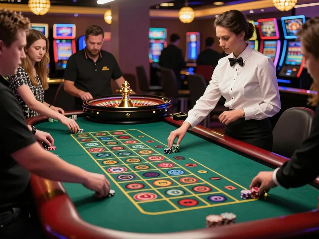 Experience gameplay at online casinos in Canada with players engaged around a roulette table