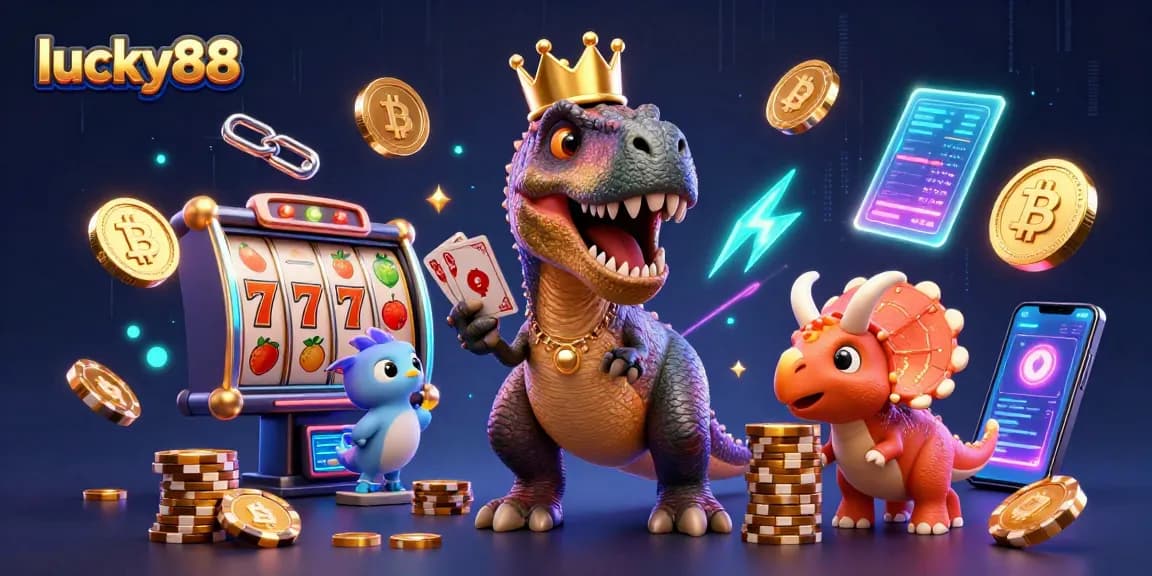 Experience the excitement of lucky88 with vibrant 3D characters and casino elements in this dynamic illustration.