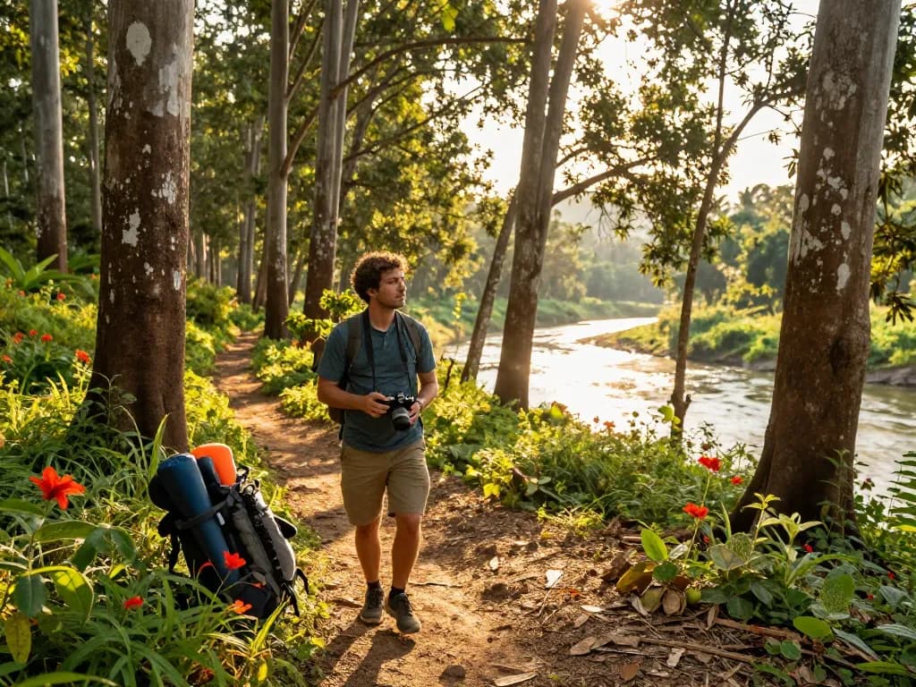 Dandeli adventure traveler exploring lush forests and Kali River at sunset.