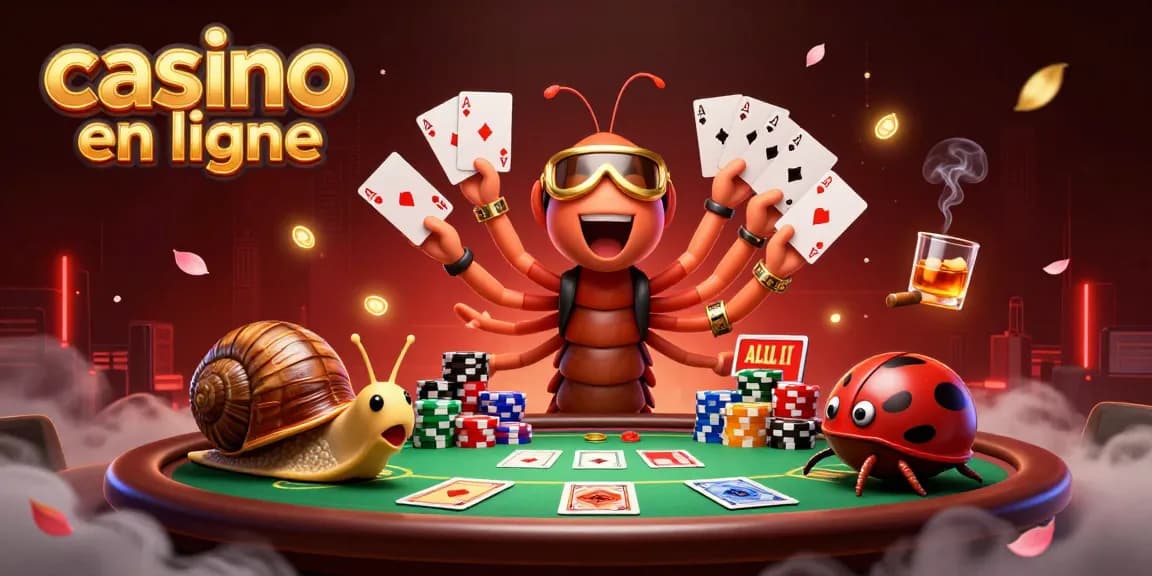 Illustration d'une scène de casino en ligne avec un mille-pattes croupier, une limace joueur et un bouboule, ambiance festive.