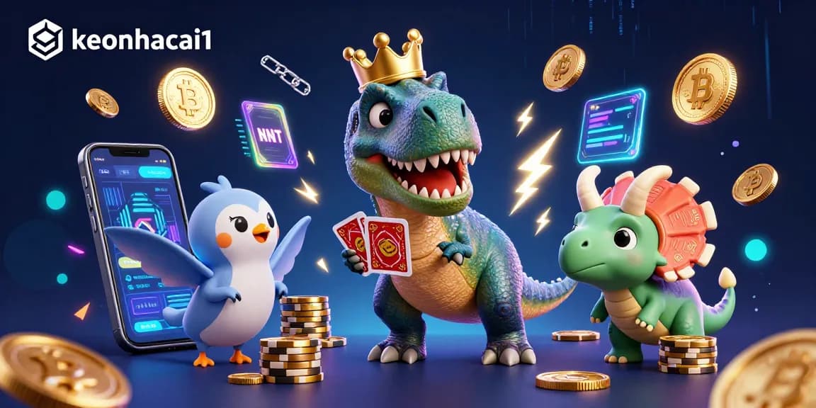 Engage in thrilling gaming action with keonhacai1 featuring a cartoon T-Rex and colorful crypto coins.