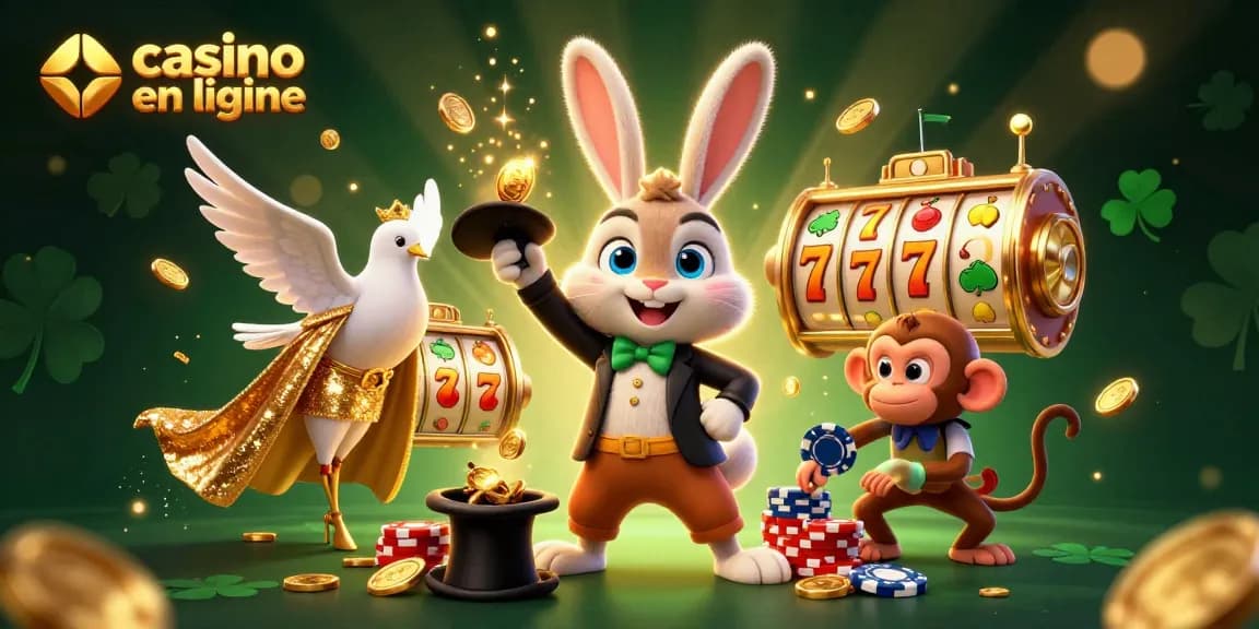 Découvrez l'univers captivant de casino en ligne avec un magicien, une colombe et un singe dans une scène féerique.
