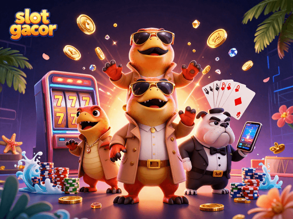 Slot gacor menampilkan raptor lucu di kasino dengan koin emas berkilauan dan efek permainan yang menarik.