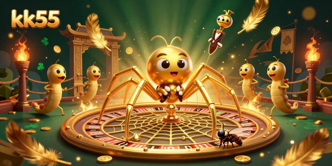 kk55 players engaging in a thrilling roulette game with a golden spider and centipede dealer, dynamic betting action