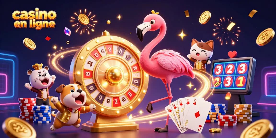 Jouez au casino en ligne avec une scène dynamique et colorée de personnages animés et des éléments de jeu captivants.