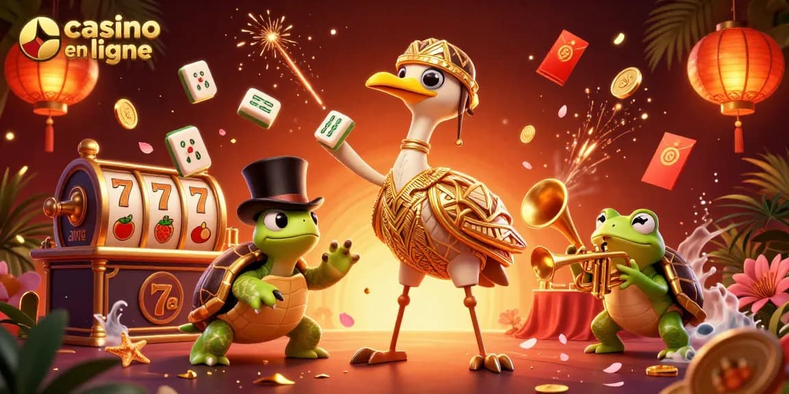 Plongez dans l'action d'un casino en ligne avec un crâne art déco, une tortue chapeautée et une grenouille musicienne.
