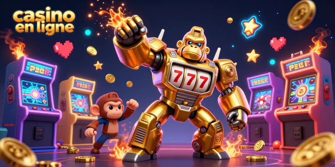 Profitez de l'expérience immersive du casino en ligne avec un mécha gorille doré unique et des machines à sous.