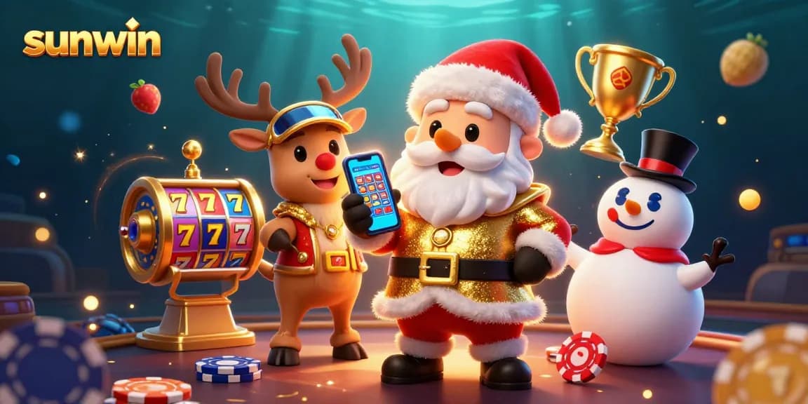 Experience sunwin's thrilling slots with Santa and friends in a vibrant casino scene.