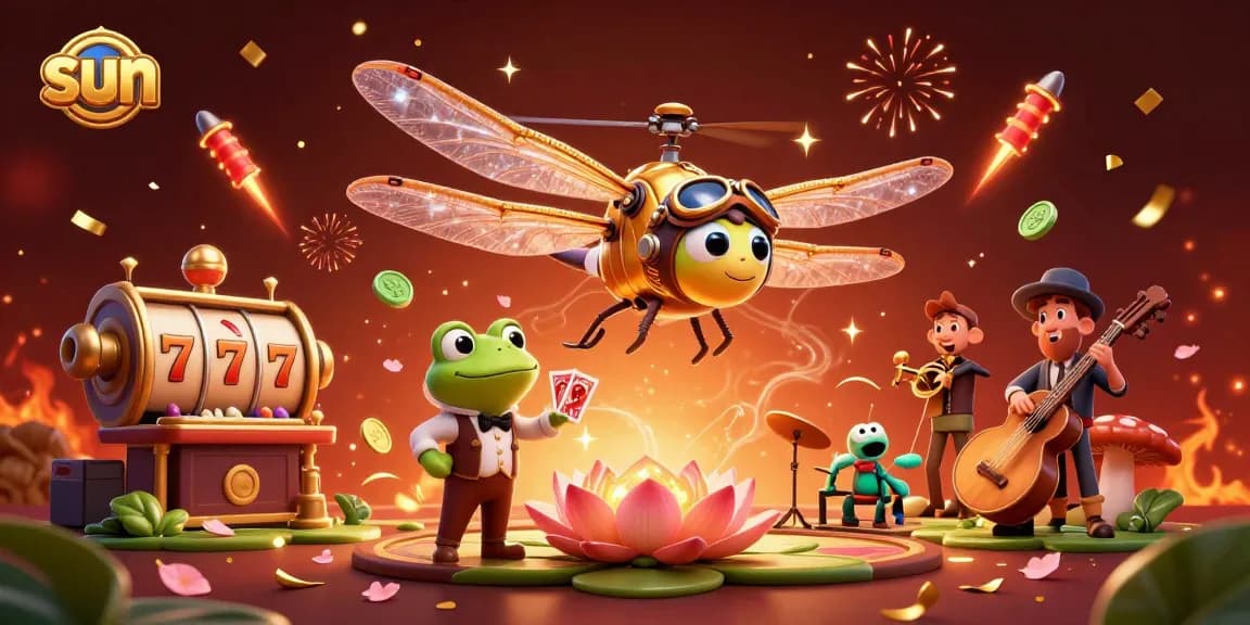 Win big at the casino with sun-themed slot machines and dazzling rewards in this vibrant scene.