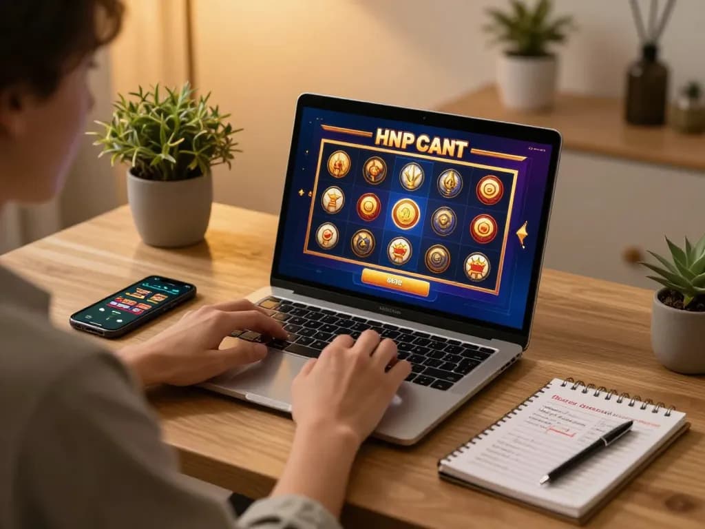 Pemain yang terlibat menikmati permainan slot online bintangmpo di laptop dalam pengaturan rumah yang nyaman.