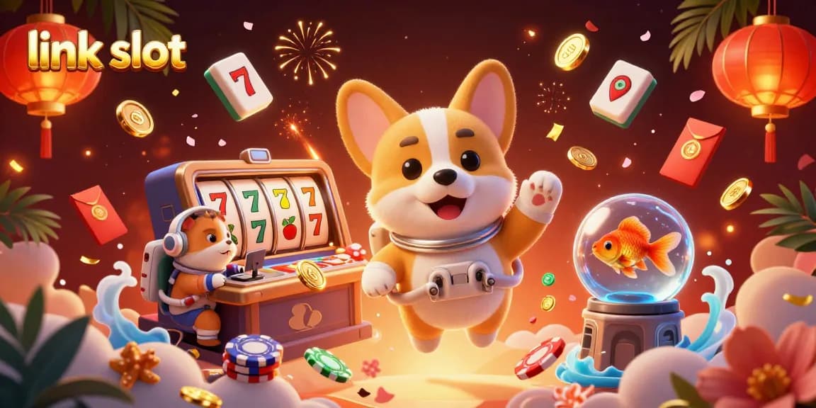 Rasakan pengalaman bermain slot link yang mendebarkan dalam ilustrasi kasino yang dipenuhi simbol keberuntungan.
