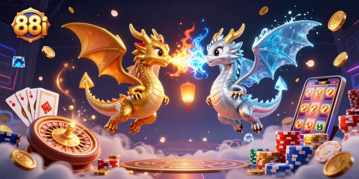 Experience the thrill of 88i with dynamic dragons and engaging casino elements in this captivating illustration.
