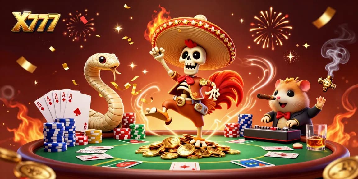 X777 gaming scene featuring a celebratory skeleton rooster, mummy snake, and DJ hamster at a poker table.