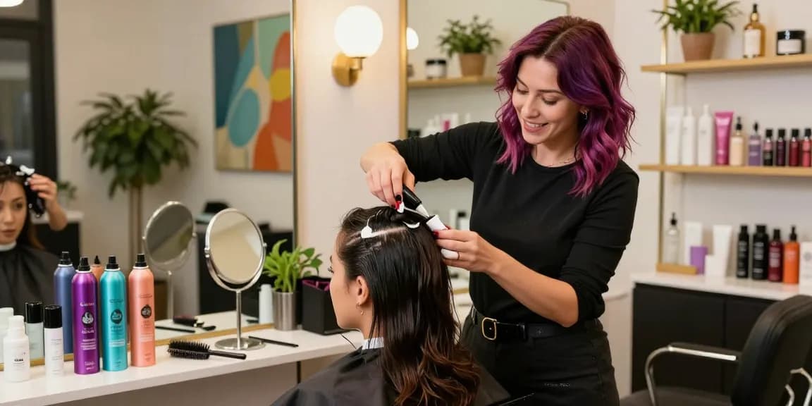 Application of بودرة تكثيف الشعر in a professional beauty salon, highlighting hair thickening techniques.