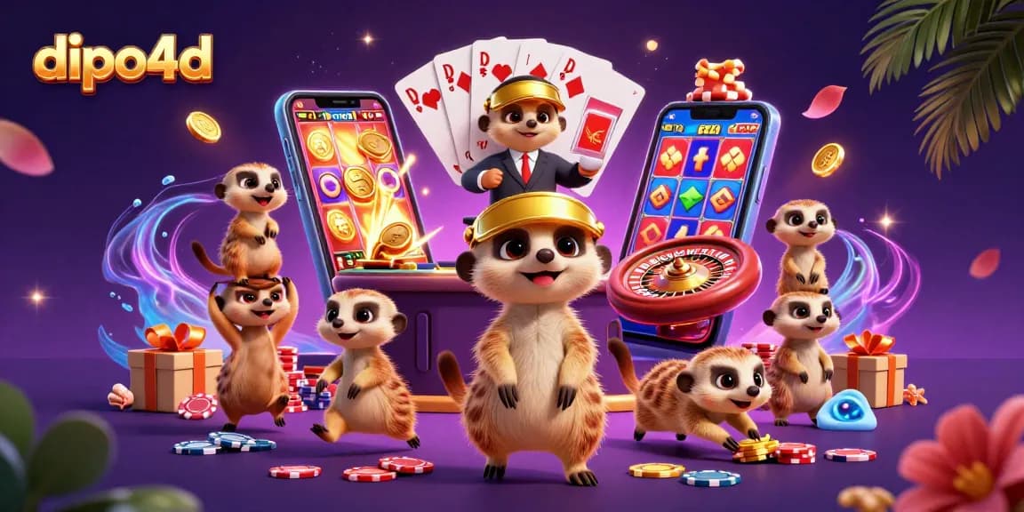 Engage with the dipo4d casino, featuring meerkats managing games, showcasing vibrant slot action.