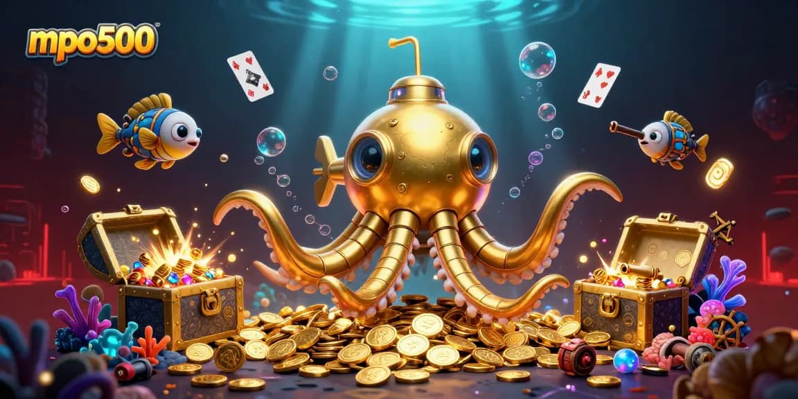 Experience thrilling games at mpo500 with a vibrant underwater scene featuring golden kraken and treasure.
