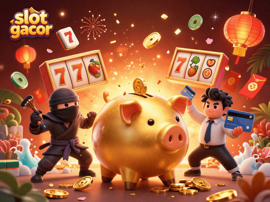 Permainan slot gacor yang menarik dengan karakter celengan emas dan simbol keberuntungan.