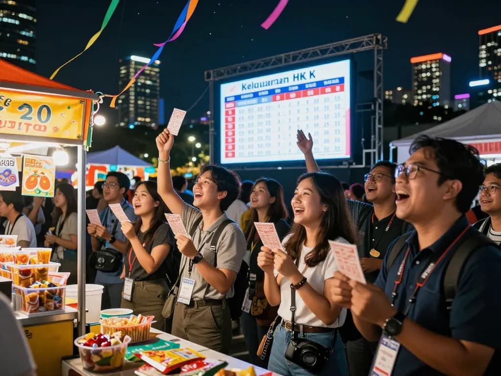Keluaran HK event with excited players watching lottery results on a big screen in a vibrant city setting.