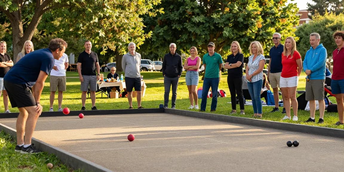 Kompetisi petanque di fopikotapalopo.org dengan pemain beragam di taman, suasana ceria dan penuh semangat.