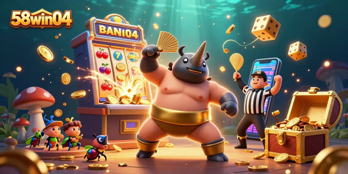 Experience thrilling gameplay at 58win04 with an exciting scene featuring a sumo beetle champion amidst flying coins and dazzling games.