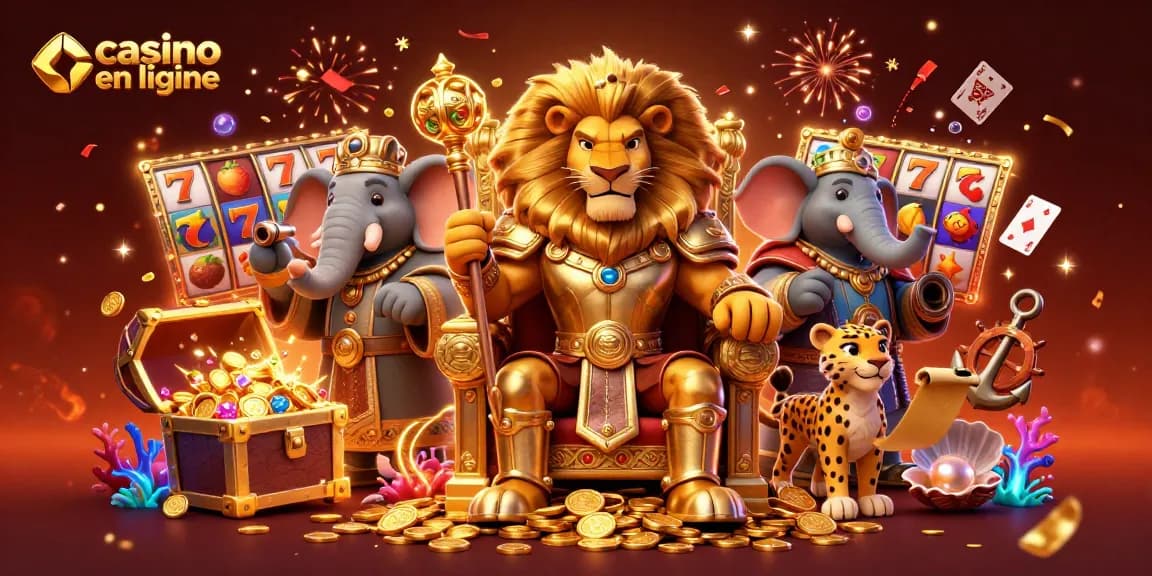 Plongez dans l'univers du casino en ligne avec cette illustration d'un roi lion assis sur un trône de pièces d'or entouré de symboles de machines à sous.