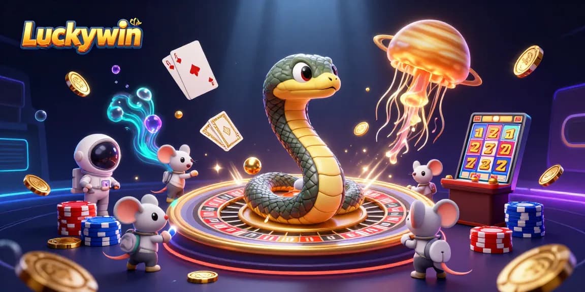Experience a thrilling Luckywin gaming adventure with cosmic characters and vibrant casino elements.