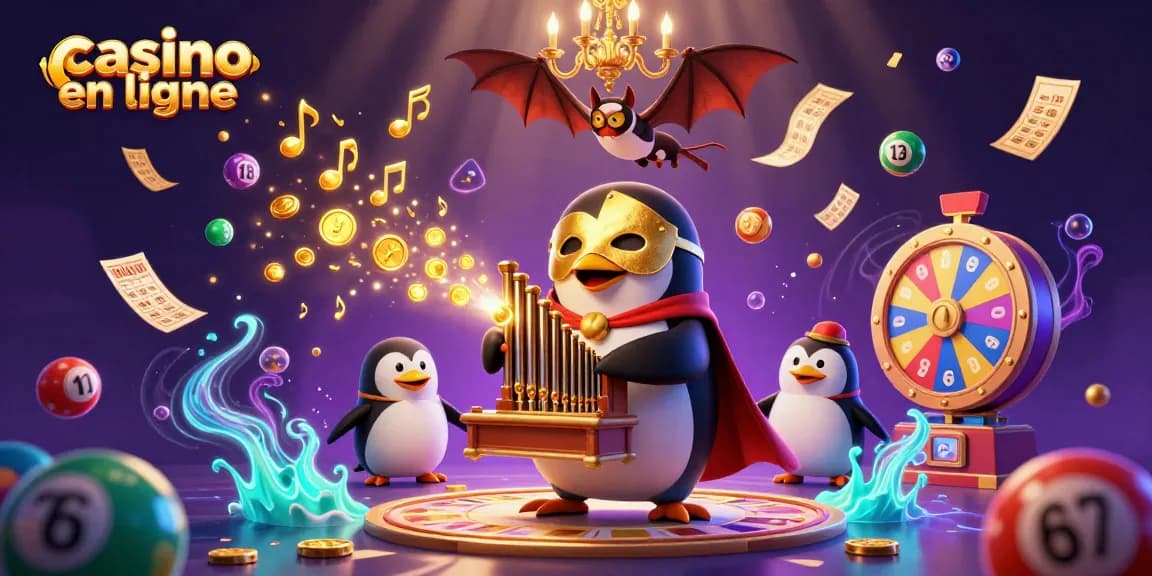 Jouer aux jeux de hasard dans un casino en ligne avec un pingouin et des effets magiques.