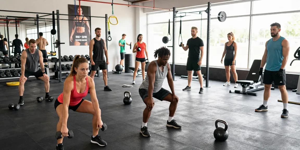 Aktive Fitnessgemeinschaft im Selliza Shop, die gemeinsam trainiert und motiviert.