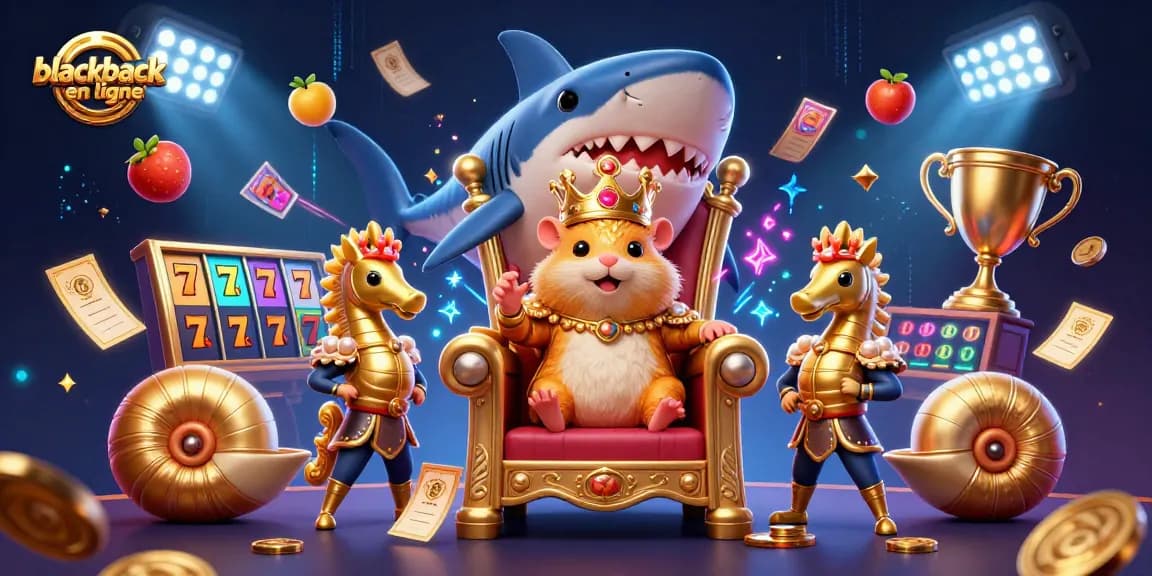Jouez à blackjack en ligne avec le roi hamster sur son trône, entouré d'éléments de casino dynamiques.