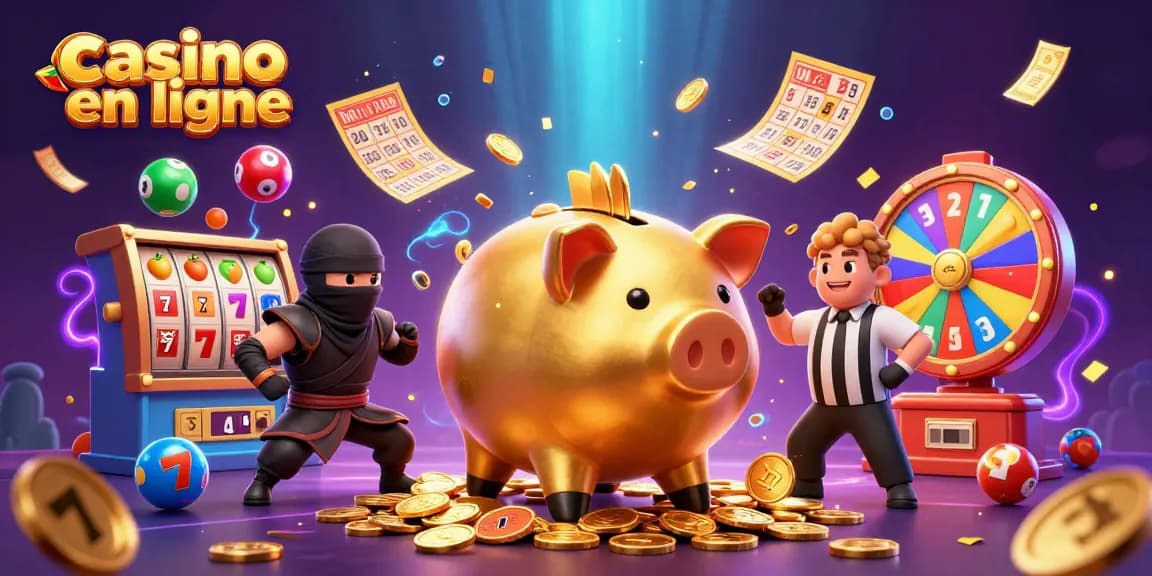 Gagnez des récompenses sur un casino en ligne avec un sumo et un ninja en bataille, lots colorés autour.