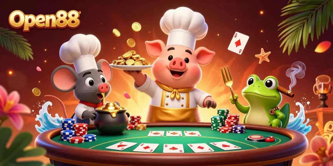 Open88 chef pig serving gold coins at a vibrant poker table with dynamic casino elements.