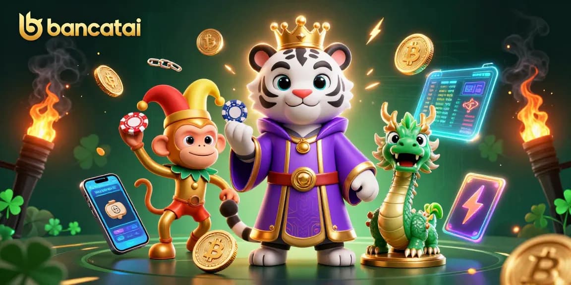 bancatai captivates with a vibrant 3D scene showcasing a royal tiger, jester monkey, and glowing crypto elements.