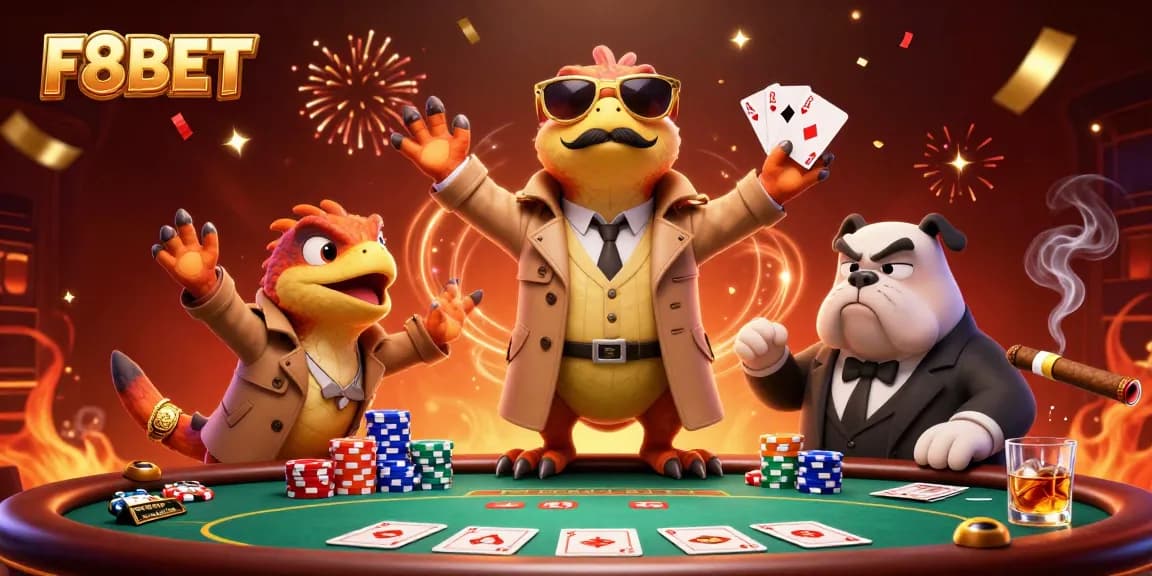 F8BET raptors comically entering VIP while poker tables surround them, exciting casino atmosphere.