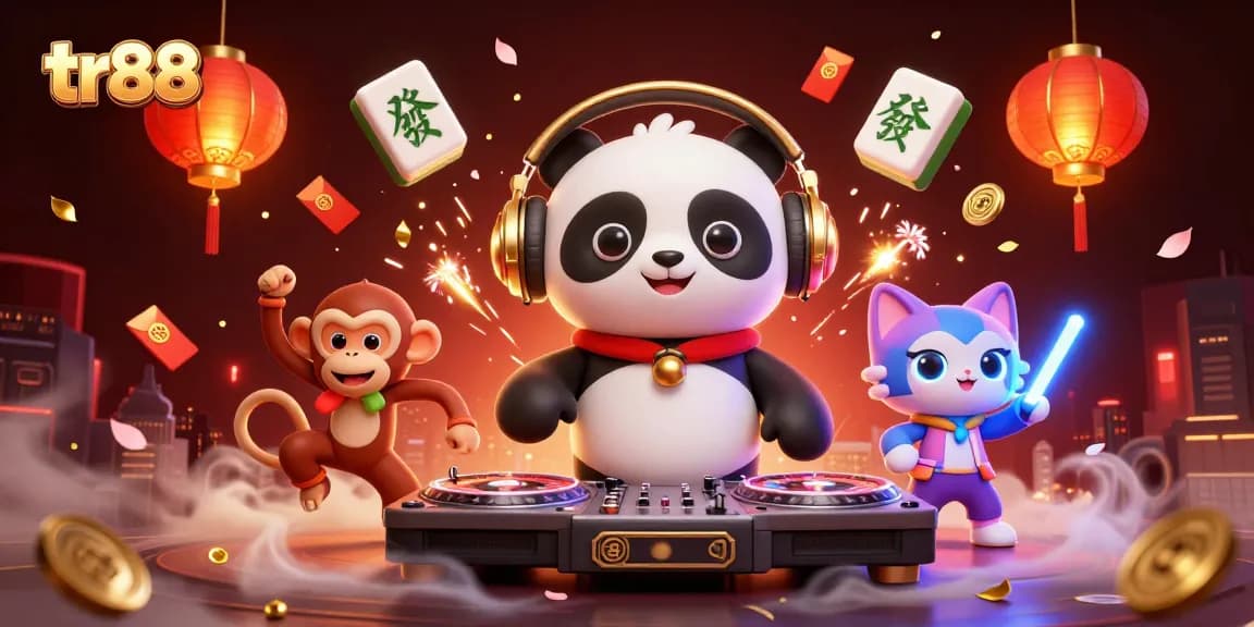 tr88 Casino experience with a DJ panda, dancing monkey, and glow-stick kitten in a festive celebration