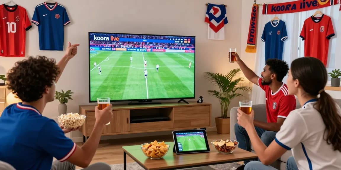 Fans enjoying koora live soccer match in a lively living room.