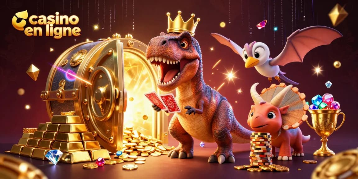 Jouez à des jeux de casino en ligne passionnants avec des personnages animés devant un coffre au trésor.