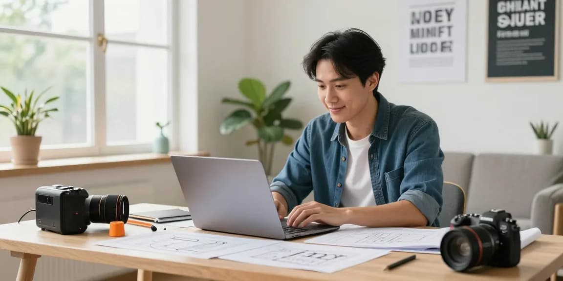 Self-employed contractor working on a laptop with tools and plans in a bright home office.