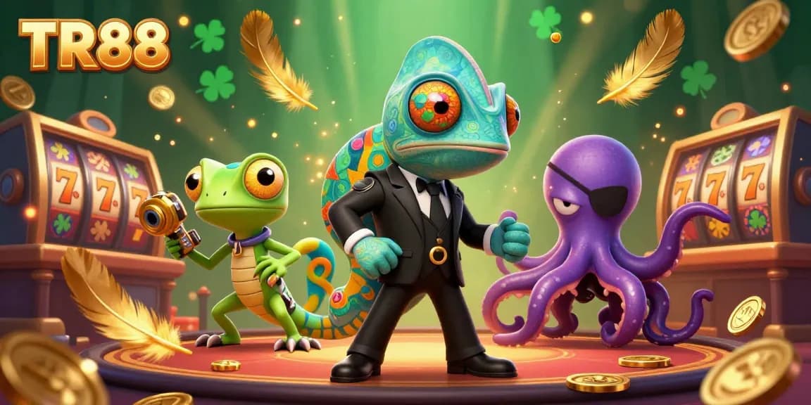 Spin the reels and win big at TR88 with vibrant characters in a lively casino setting.