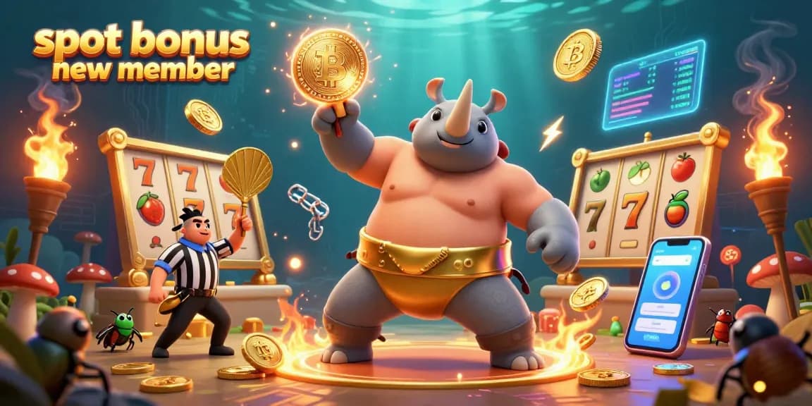 Experience the excitement of the slot bonus new member with a vibrant 3D casino scene featuring a stampede of coins and lucky symbols.
